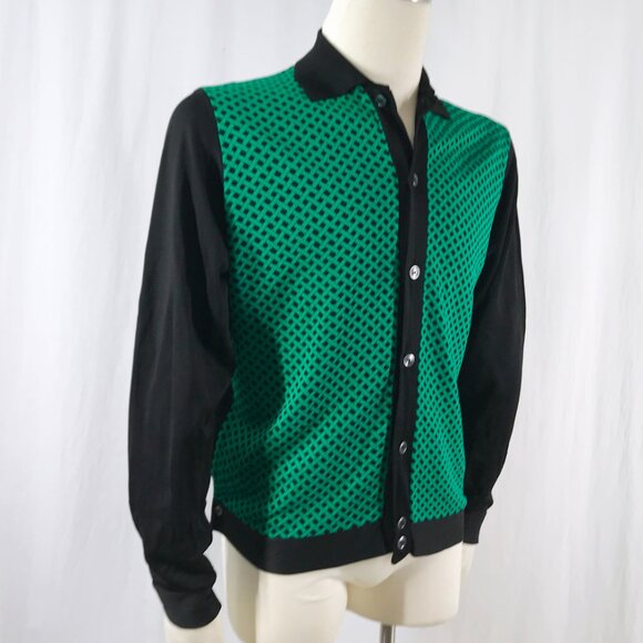 Vintage 60s 70s Shirt Sweater Diplomat Acetate Knit Green Black Mod - Picture 2 of 7
